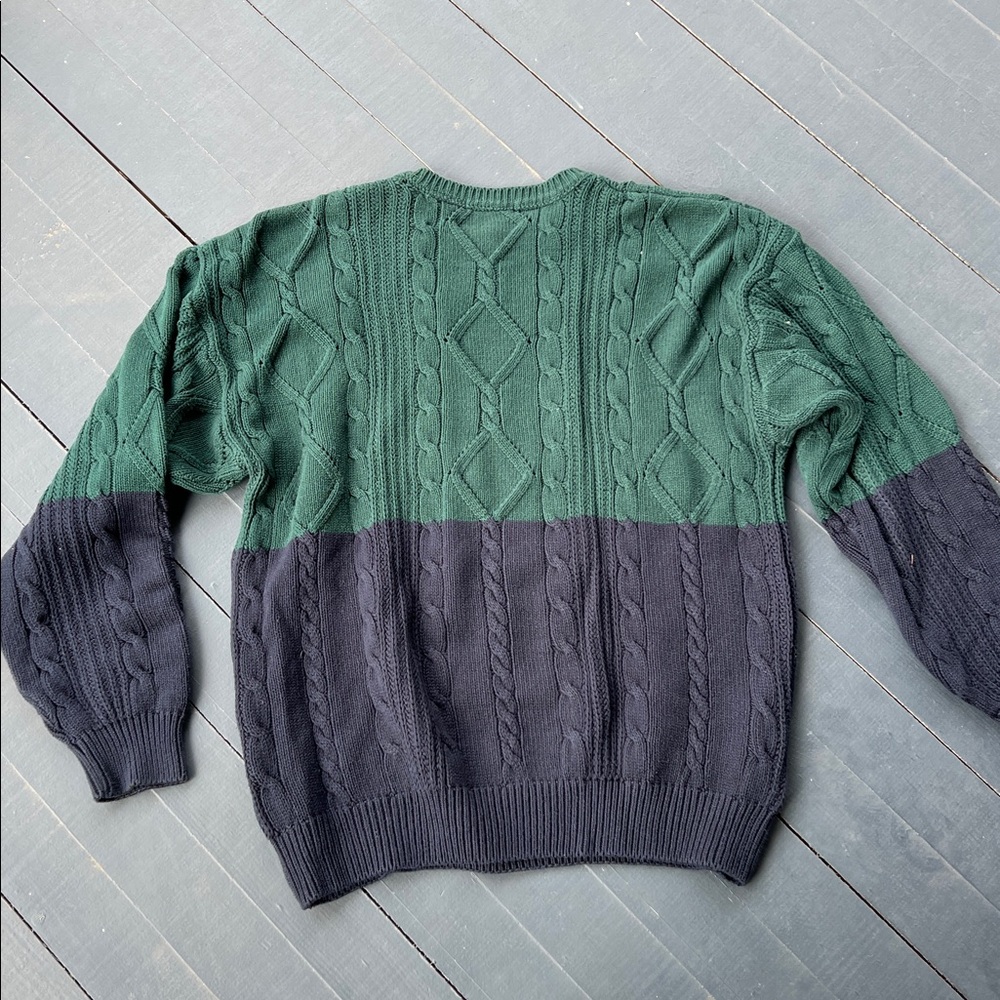 Vintage Claiborne Green and Blue 100% Cotton Cable Knit Sweater - Picture 3 of 6